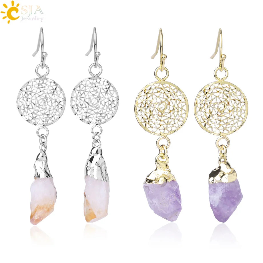 CSJA Natural Stone Crystals Earrings for Wife Unique Citrines Purple Crystal Quartz Silver Color Drop Earring Anniversary F897