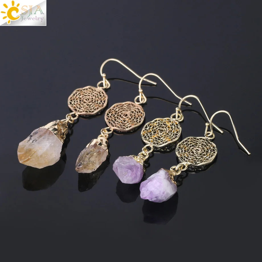 CSJA Natural Stone Crystals Earrings for Wife Unique Citrines Purple Crystal Quartz Silver Color Drop Earring Anniversary F897