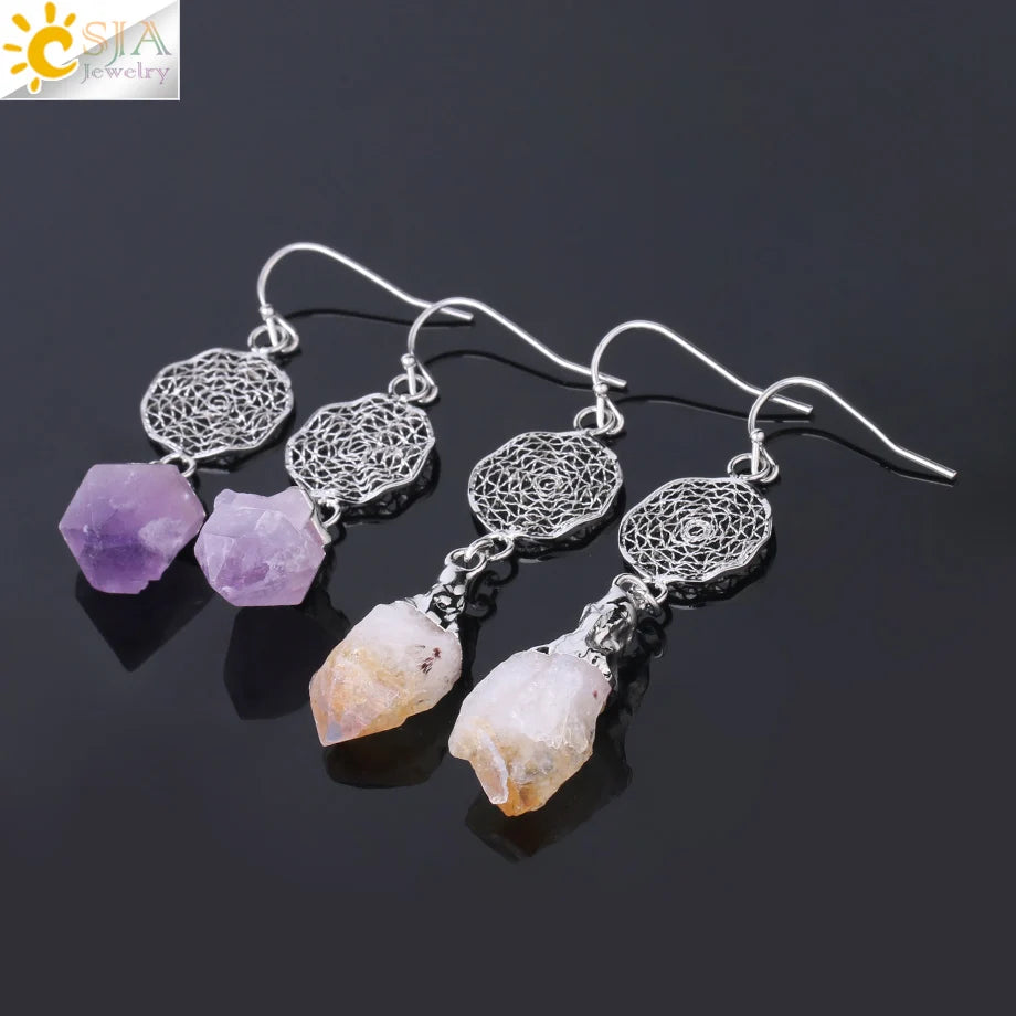 CSJA Natural Stone Crystals Earrings for Wife Unique Citrines Purple Crystal Quartz Silver Color Drop Earring Anniversary F897