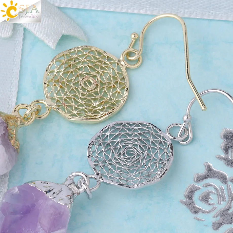 CSJA Natural Stone Crystals Earrings for Wife Unique Citrines Purple Crystal Quartz Silver Color Drop Earring Anniversary F897