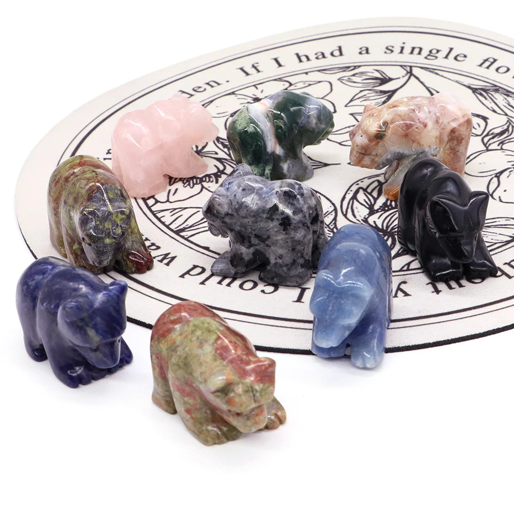 1.5" Bear Statue Reiki Healing Crystal Natural Stone Quartz Hand Carved Gemstone Home Decoration Animal Figurine Ornament Gifts