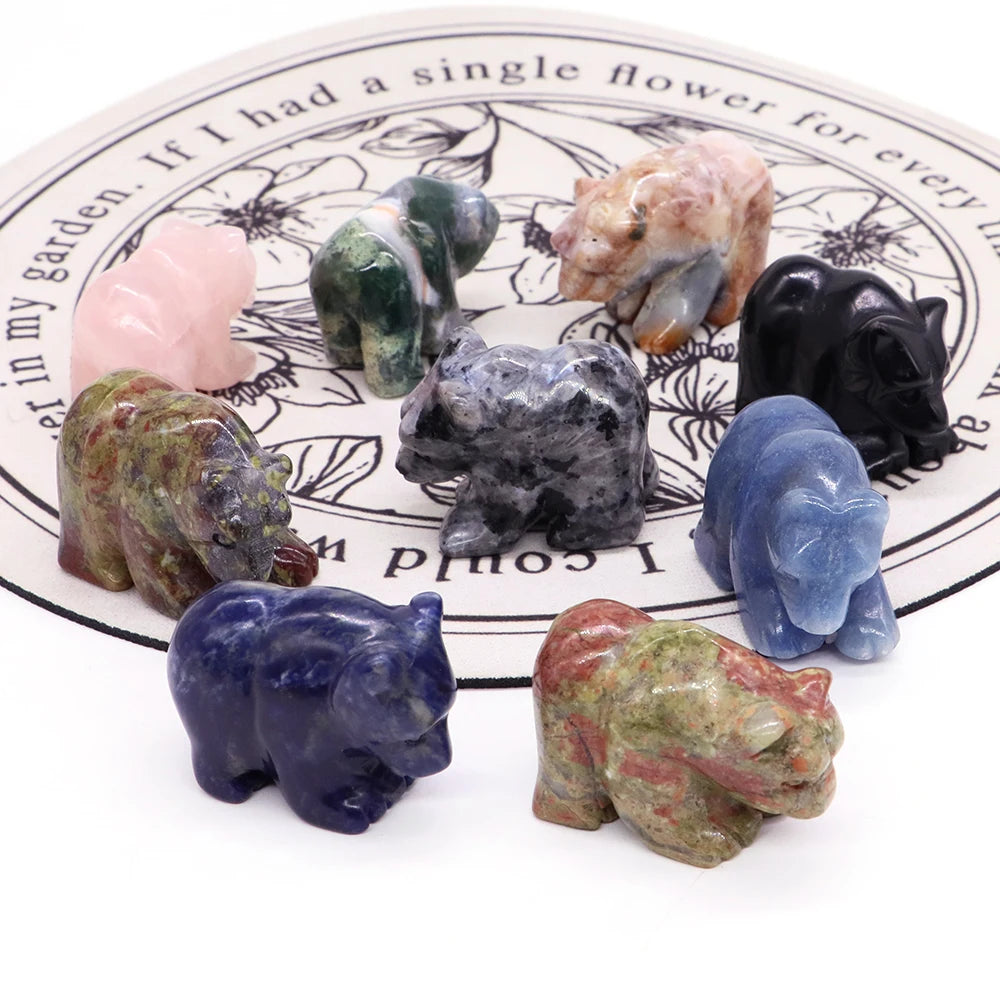 1.5" Bear Statue Reiki Healing Crystal Natural Stone Quartz Hand Carved Gemstone Home Decoration Animal Figurine Ornament Gifts