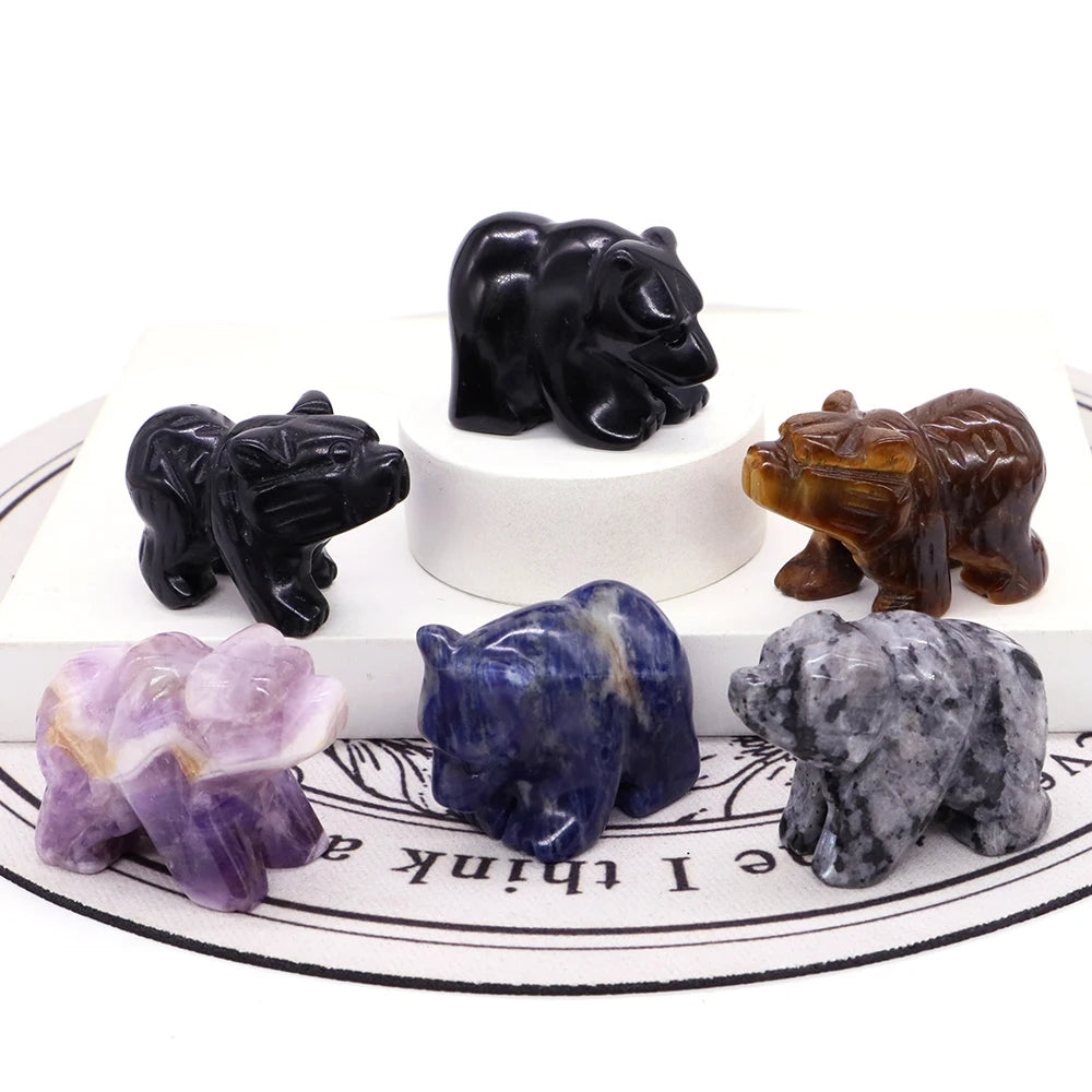 1.5" Bear Statue Reiki Healing Crystal Natural Stone Quartz Hand Carved Gemstone Home Decoration Animal Figurine Ornament Gifts