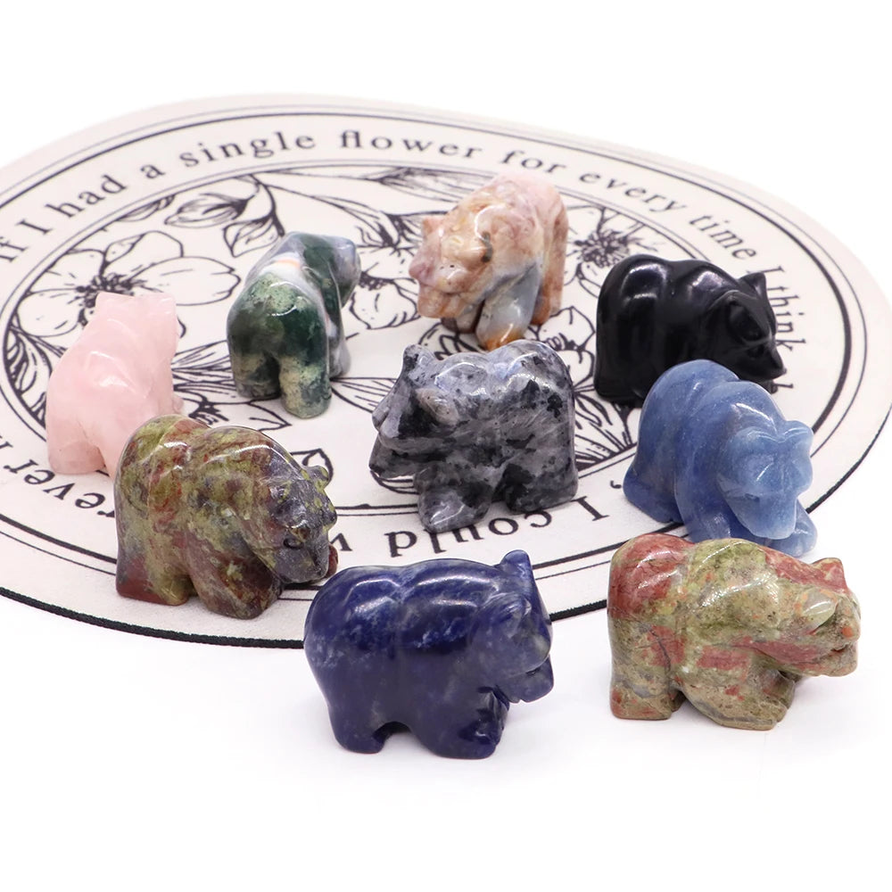1.5" Bear Statue Reiki Healing Crystal Natural Stone Quartz Hand Carved Gemstone Home Decoration Animal Figurine Ornament Gifts