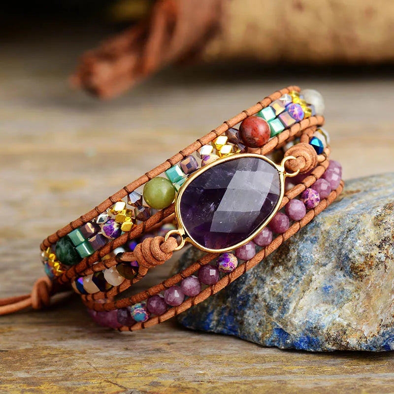 Leather Wrap Bracelets W/ Natural Stone Amethysts Crystals Beaded Triple Statement Art Bracelet  Bohemian Jewelry Gifts