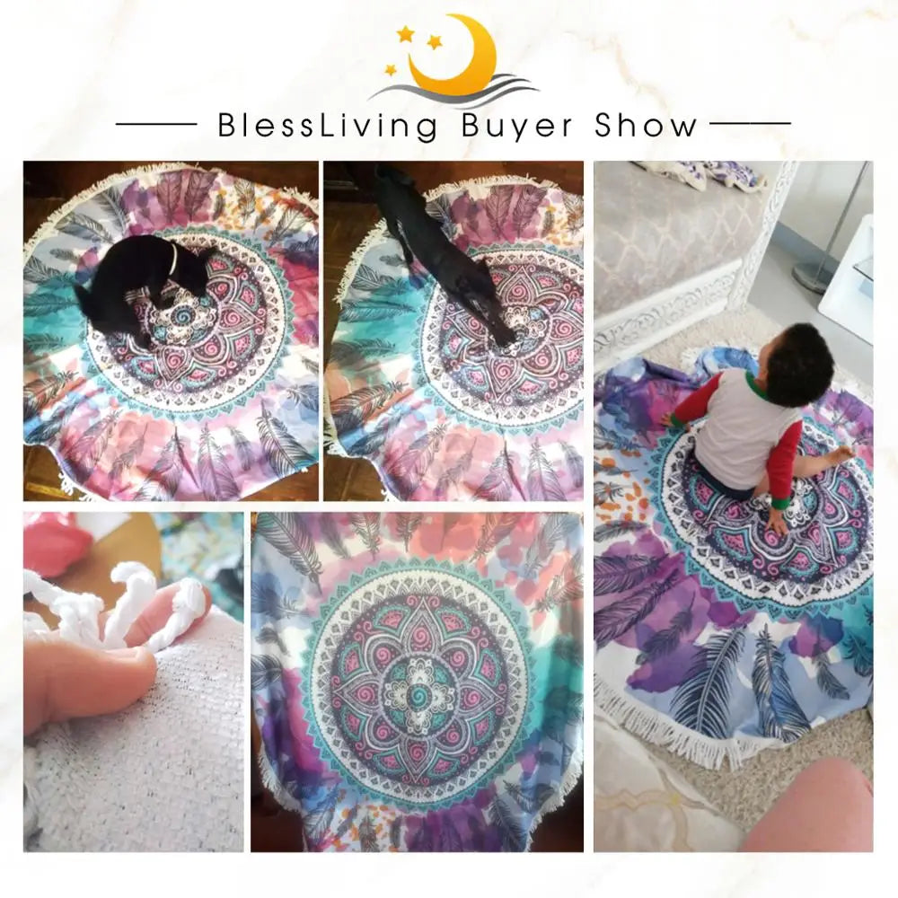 BlessLiving Pink and Aqua Round Beach Towel Roundie Mandala Feather Hippie Circle Yoga Mat Watercolor Floral Bohemian Bath Towel