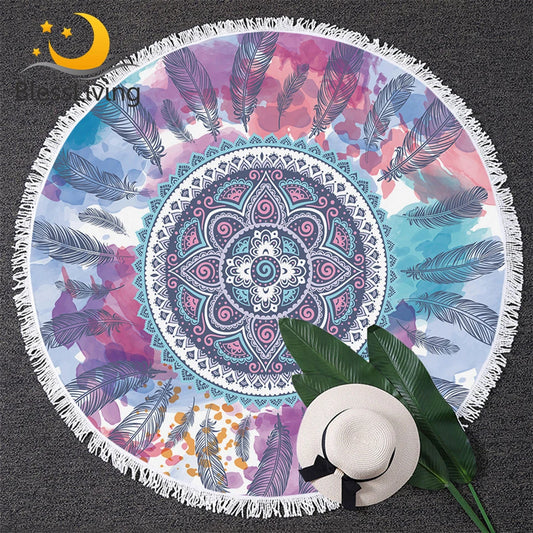 BlessLiving Pink and Aqua Round Beach Towel Roundie Mandala Feather Hippie Circle Yoga Mat Watercolor Floral Bohemian Bath Towel