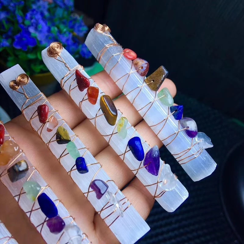 Chakra Healing Crystals Stones Beads Wire Wrapped Raw Selenite Stick Wand for Yoga Meditation,Spiritual,Reiki Balancing