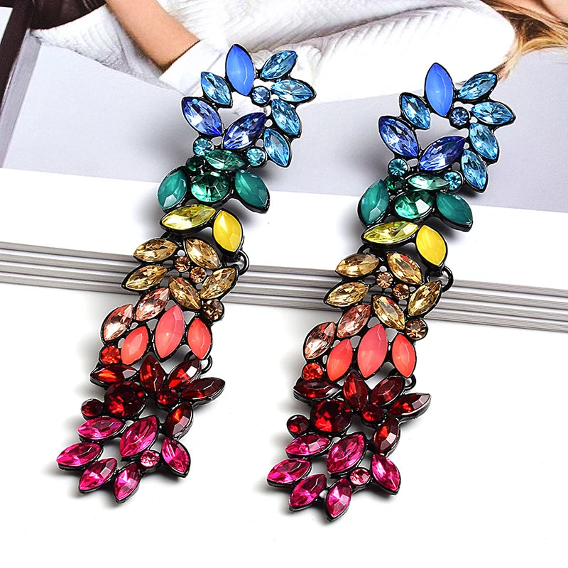 Wholesale Colorful Crystals Long Drop Earrings For Women Fine Jewelry Accessories Dangling Pendientes Bijoux Christmas Gift