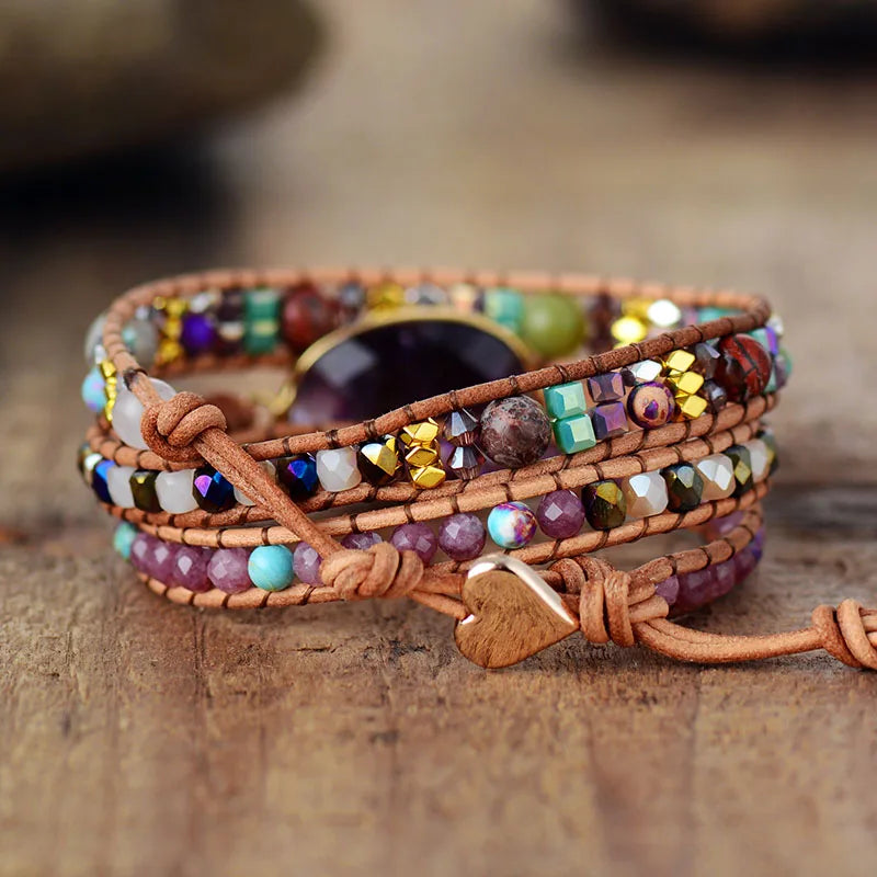 Leather Wrap Bracelets W/ Natural Stone Amethysts Crystals Beaded Triple Statement Art Bracelet  Bohemian Jewelry Gifts