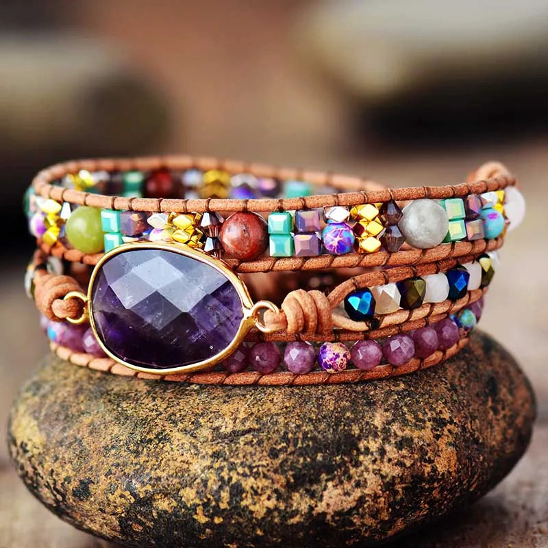 Leather Wrap Bracelets W/ Natural Stone Amethysts Crystals Beaded Triple Statement Art Bracelet  Bohemian Jewelry Gifts