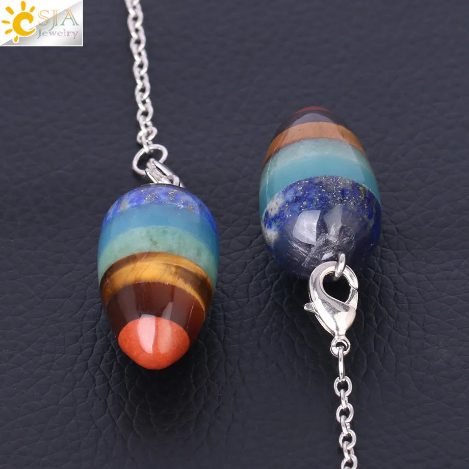 CSJA Hot Sale Natural Stone Pendulum Wicca Divination Pendant Small Gyro Egg Shaped Yoga 7 Chakra Healing Beads for Jewelry F359