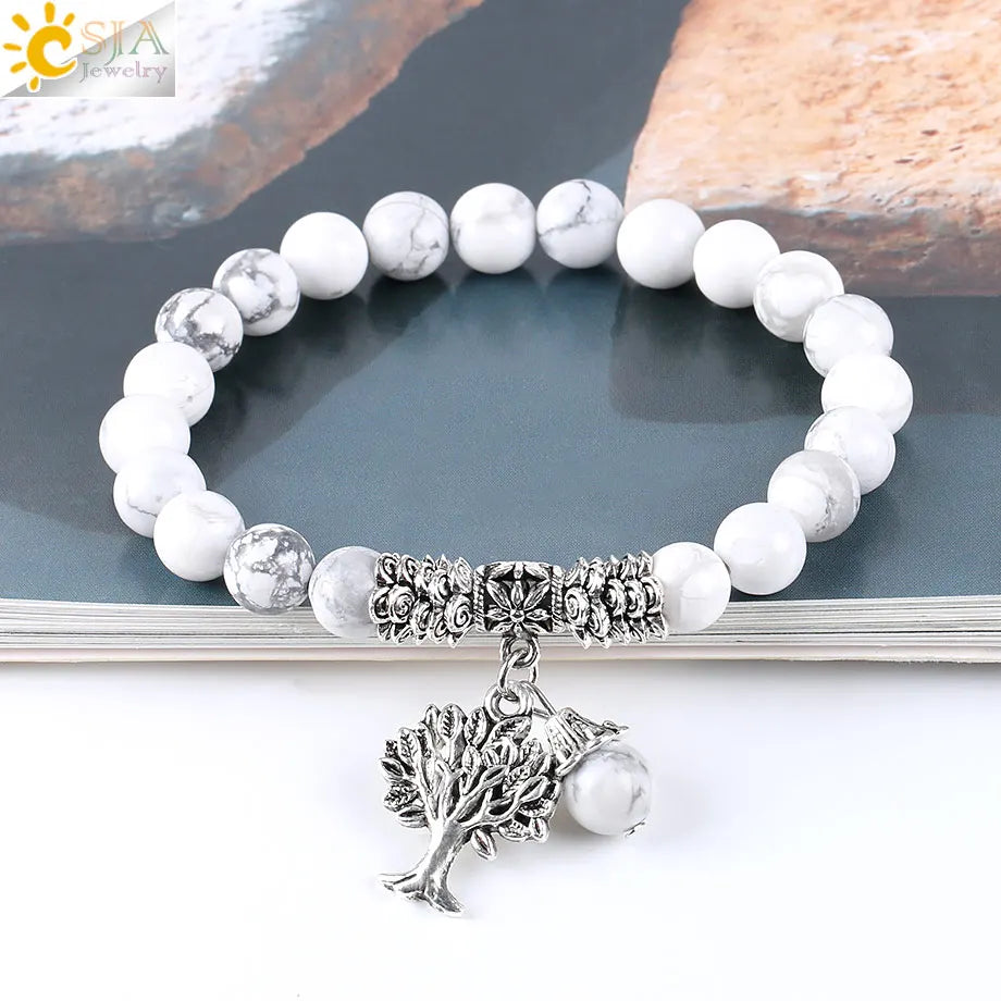 CSJA Fashion Round White Howlite Stone Mala Beads Tree of Life Bracelets for Men Tibetan Yoga Healing Power Energy Bracelet E724