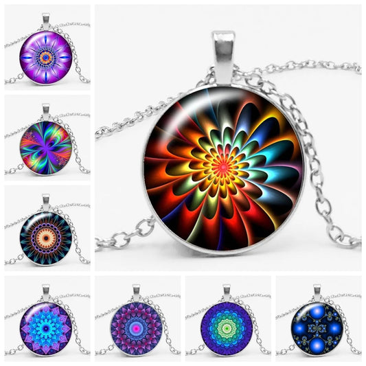 3-color Fashion Charm Kaleidoscope Buddhist Yoga Mandala Time Glass Gem Necklace Round Crystal Pendant Jewelry