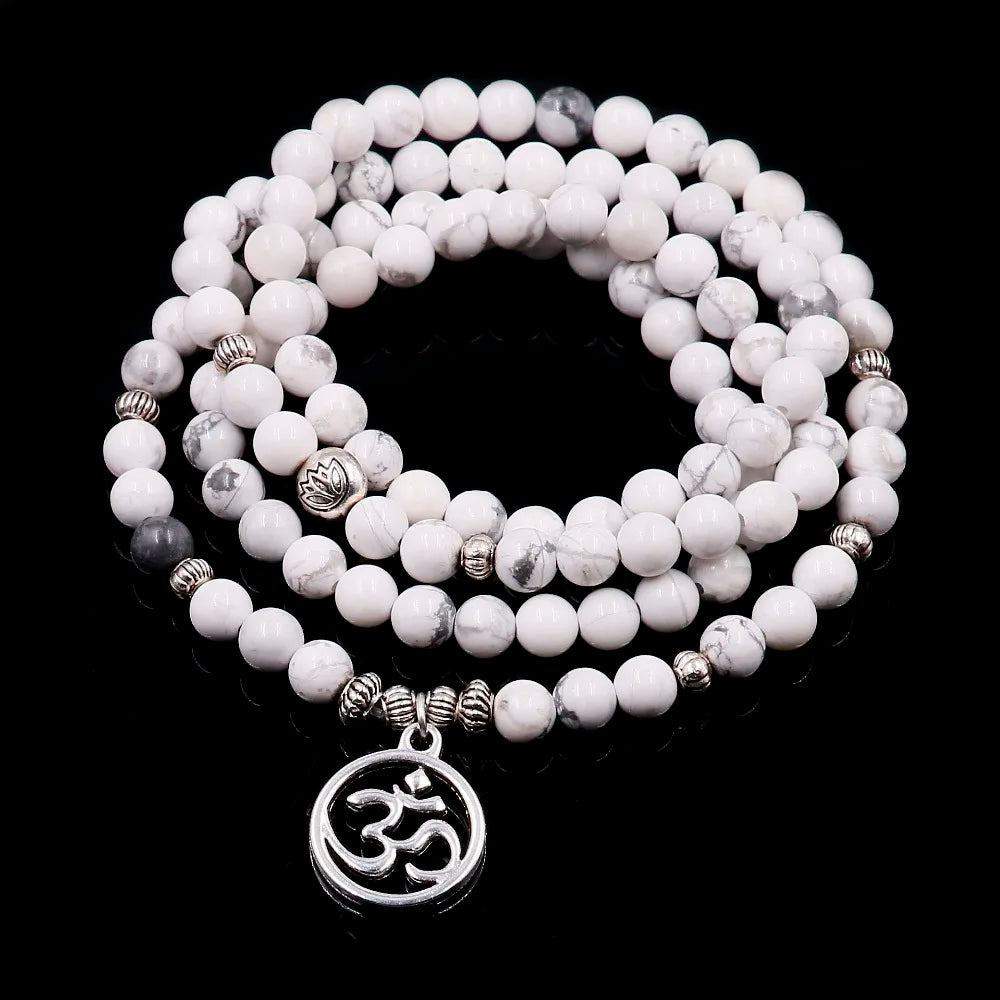 108 White Howlite Mala with Lotus Pendnent Natural Stone Beaded Bracelets for Men and Women Chakra Modern Yoga Zen Jewelry