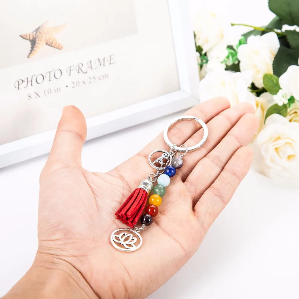 Chakra Keychain Colorful Stone Beads 7 Chakras Yoga Fitness Key Chains Lotus Tassel Key Rings Fashion Jewelry