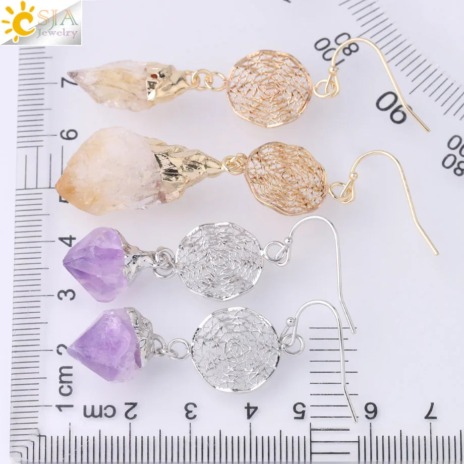 CSJA Natural Stone Crystals Earrings for Wife Unique Citrines Purple Crystal Quartz Silver Color Drop Earring Anniversary F897