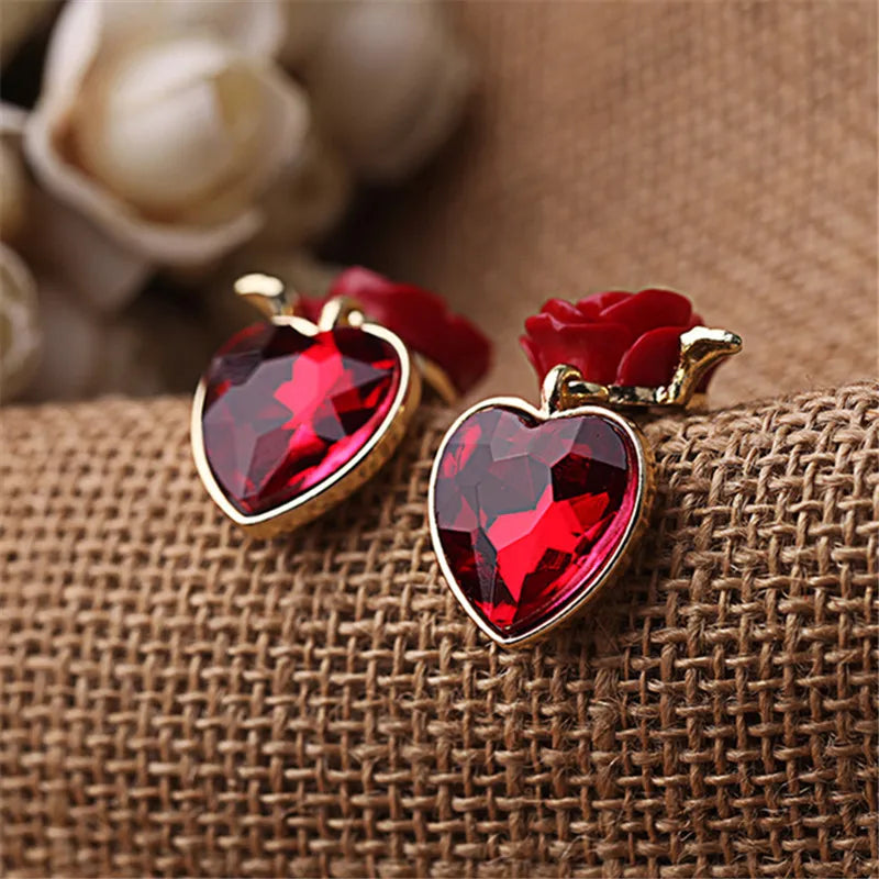 Fine jewelry wholesale Red heart pendant rose stud earring female fashion accessories crystals stud earring bridal jewelry