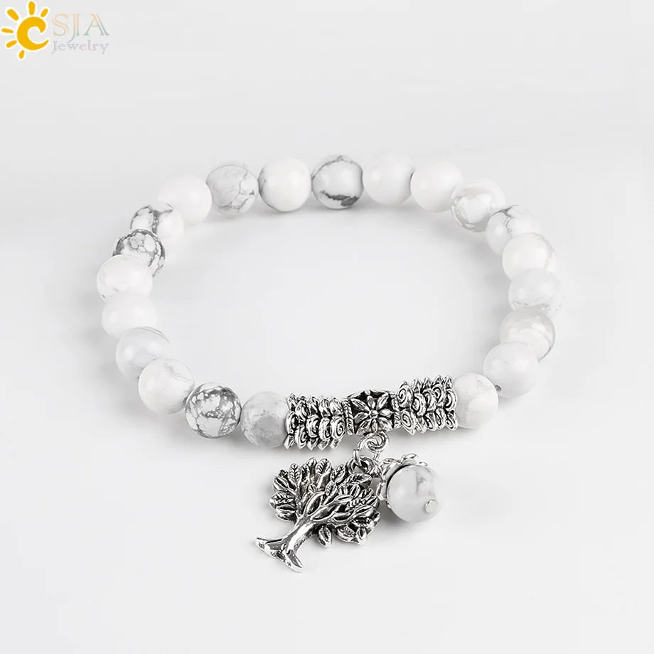 CSJA Fashion Round White Howlite Stone Mala Beads Tree of Life Bracelets for Men Tibetan Yoga Healing Power Energy Bracelet E724