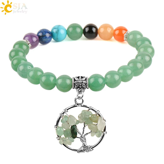 CSJA 7 Chakras Natural Stones Green Aventurine Bracelets Bangles Yoga Mala Beads Healing for Women Tree of Life Pendant E878