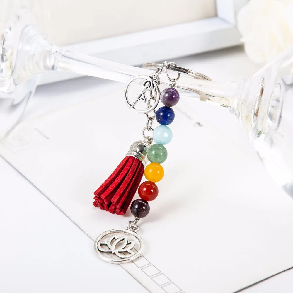 Chakra Keychain Colorful Stone Beads 7 Chakras Yoga Fitness Key Chains Lotus Tassel Key Rings Fashion Jewelry