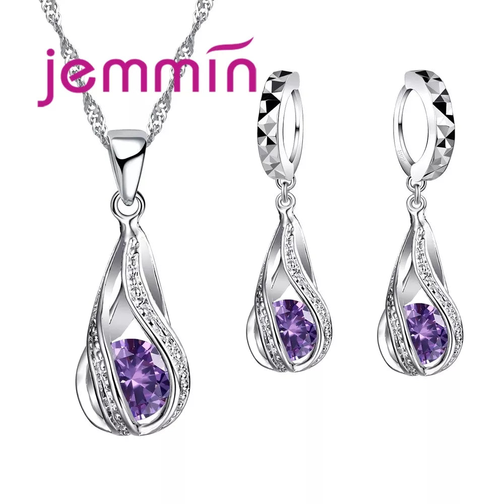 Fast Shipping Top Quality 925 Silver  Wedding Party Jewelry Sets Multiple Color Crystals Pendant Necklace Earrings