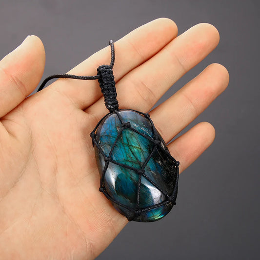 Dragons Heart Labradorite Necklace Natural Stone Pendant Wrap Braid Necklace Yoga Macrame Necklace For Men Women Energy Necklace