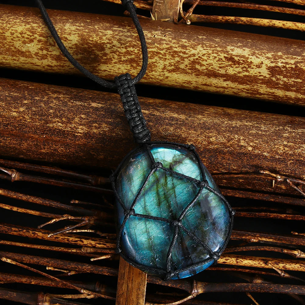 Dragons Heart Labradorite Necklace Natural Stone Pendant Wrap Braid Necklace Yoga Macrame Necklace For Men Women Energy Necklace