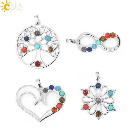 CSJA 7 Chakra Stone Pendant Yoga Healing Point AUM Reiki Chakra Crystal Bead Health Amulet Life Tree Women Flower Pendants E016