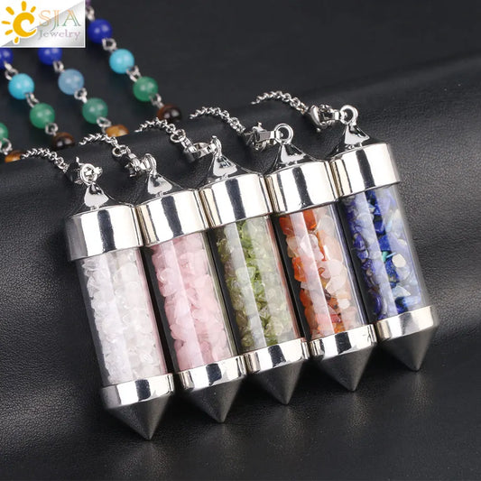 CSJA 7 Chakra Wishing Bottle Crystals Pendulum Reiki Natural Chip Stone Pendant Necklace for Women Men Divination Amulet F976