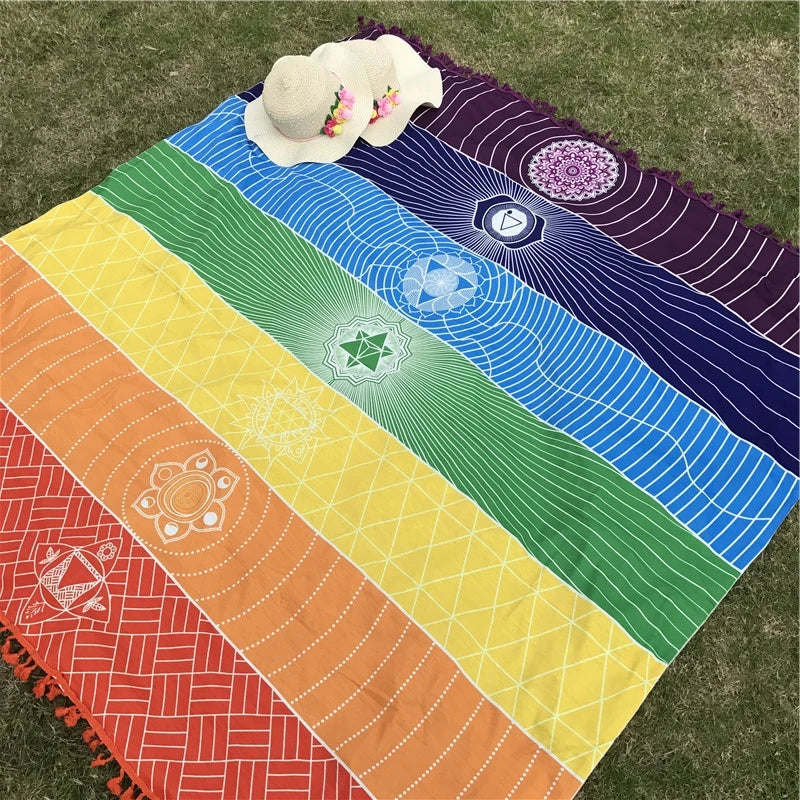 Polyester Bohemia Wall Hanging India Mandala Blanket 7Chakra Colored Tapestry Rainbow Stripes Travel Summer Beach Yoga Mat