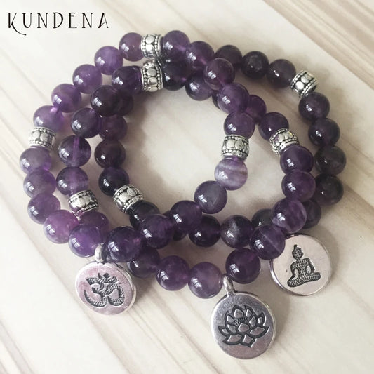 High Quality Om Yoga Buddhist Mala Amethysts Purple Stone Stretch Bracelet Women