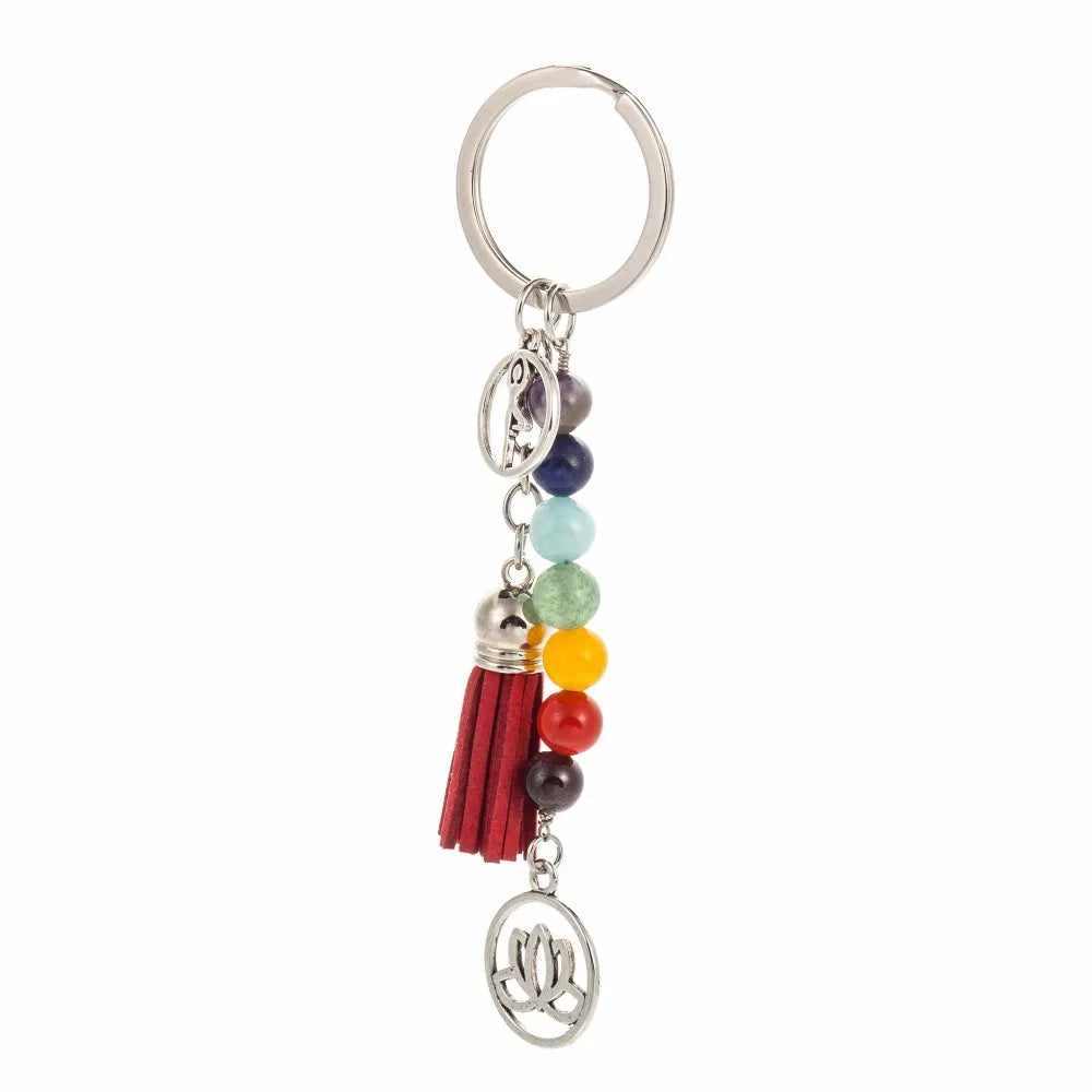 Chakra Keychain Colorful Stone Beads 7 Chakras Yoga Fitness Key Chains Lotus Tassel Key Rings Fashion Jewelry