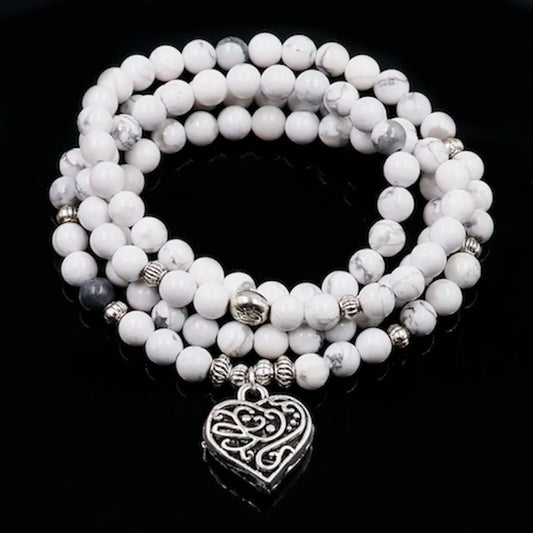 108 White Howlite Mala with Lotus Pendnent Natural Stone Beaded Bracelets for Men and Women Chakra Modern Yoga Zen Jewelry