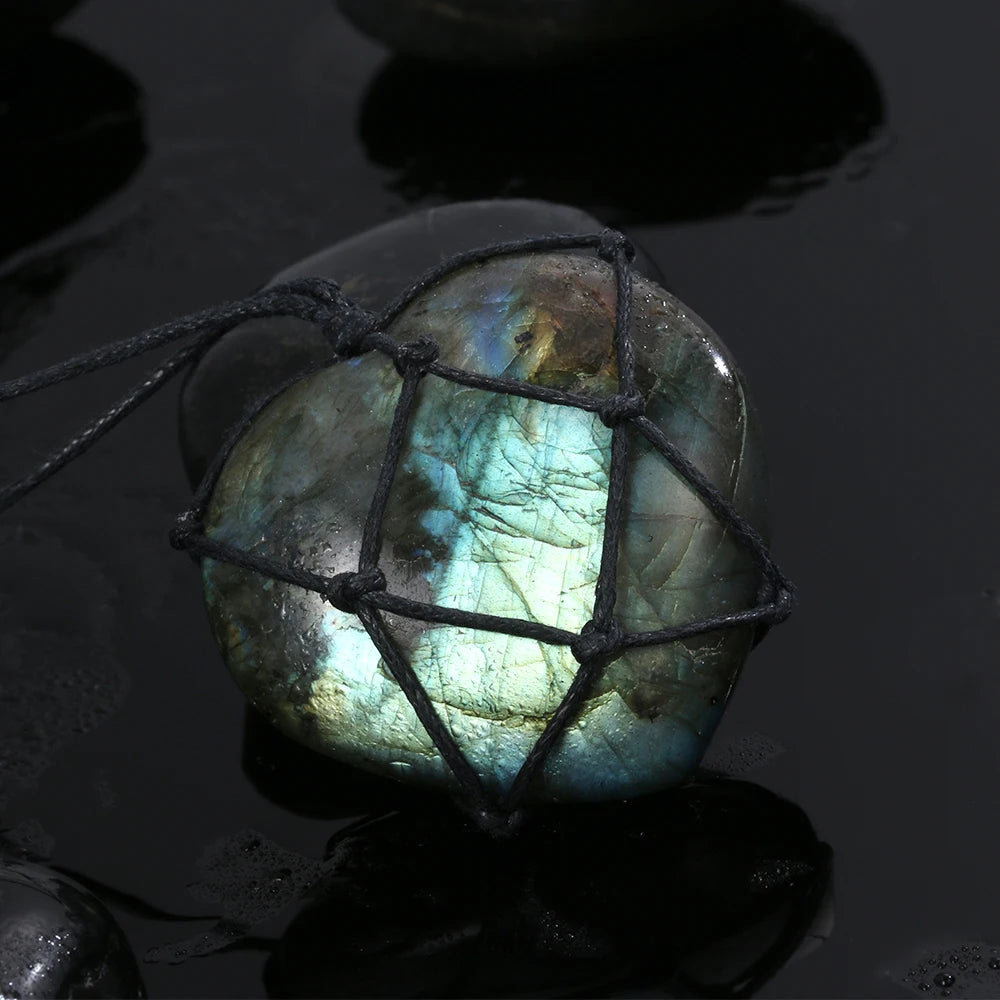 Dragons Heart Labradorite Necklace Natural Stone Pendant Wrap Braid Necklace Yoga Macrame Necklace For Men Women Energy Necklace