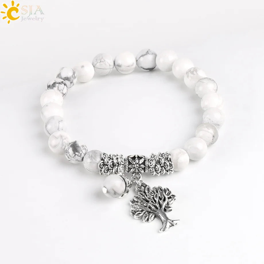 CSJA Fashion Round White Howlite Stone Mala Beads Tree of Life Bracelets for Men Tibetan Yoga Healing Power Energy Bracelet E724