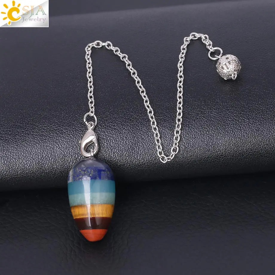 CSJA Hot Sale Natural Stone Pendulum Wicca Divination Pendant Small Gyro Egg Shaped Yoga 7 Chakra Healing Beads for Jewelry F359