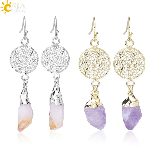 CSJA Natural Stone Crystals Earrings for Wife Unique Citrines Purple Crystal Quartz Silver Color Drop Earring Anniversary F897