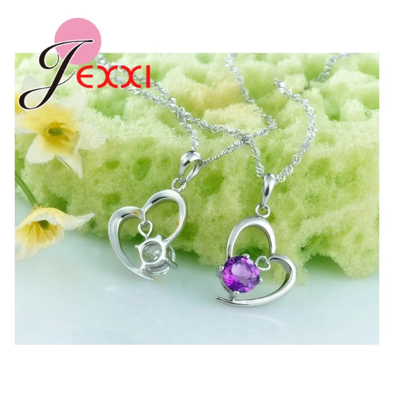 Real 925 Silver White Purple Crystals Heart Jewelry Sets for Women Wedding High Quality Necklace Earrings Set