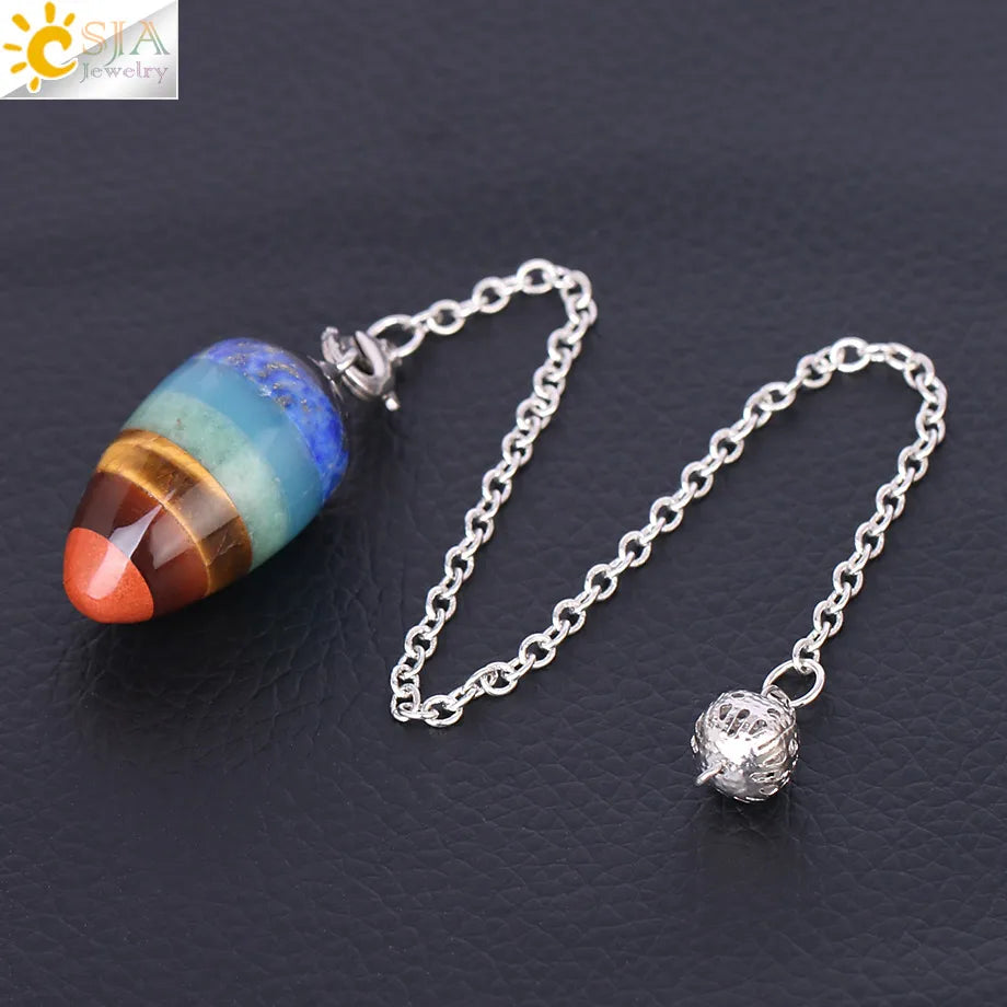 CSJA Hot Sale Natural Stone Pendulum Wicca Divination Pendant Small Gyro Egg Shaped Yoga 7 Chakra Healing Beads for Jewelry F359