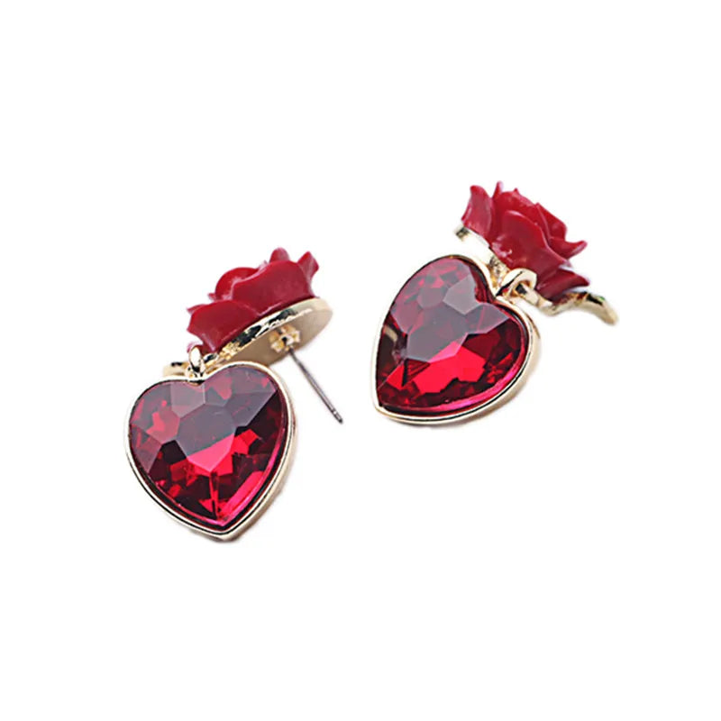 Fine jewelry wholesale Red heart pendant rose stud earring female fashion accessories crystals stud earring bridal jewelry