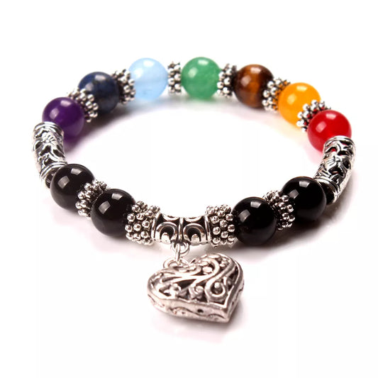 DIEZI New Men Women 7 Chakra Bracelets Bangles Colors Mixed Healing Crystals Stone Chakra Pray Mala Heart Charm Bracelet Jewelry