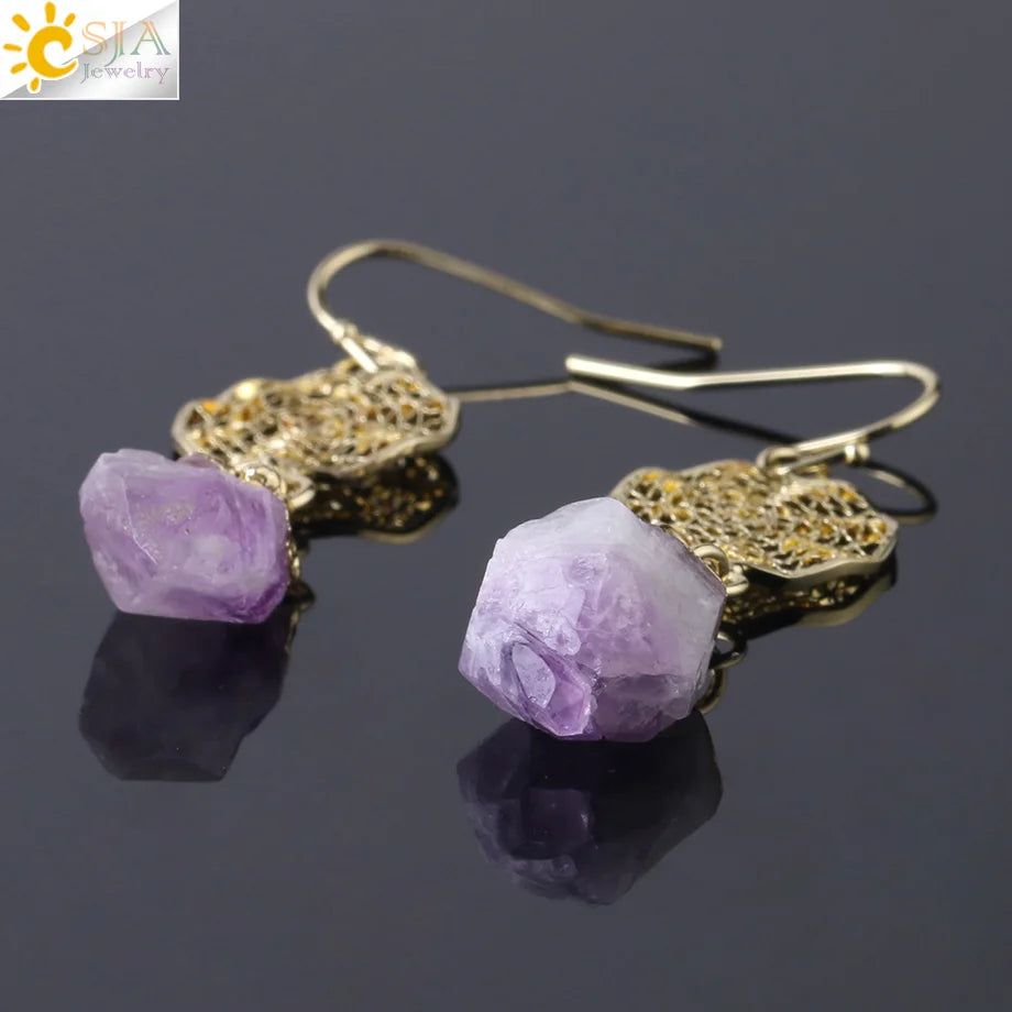 CSJA Natural Stone Crystals Earrings for Wife Unique Citrines Purple Crystal Quartz Silver Color Drop Earring Anniversary F897
