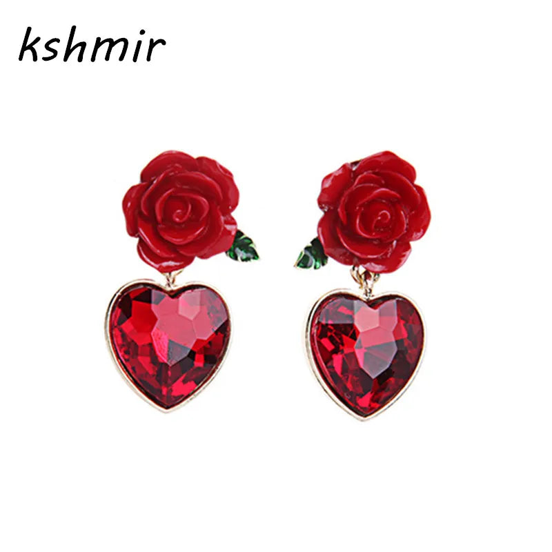 Fine jewelry wholesale Red heart pendant rose stud earring female fashion accessories crystals stud earring bridal jewelry