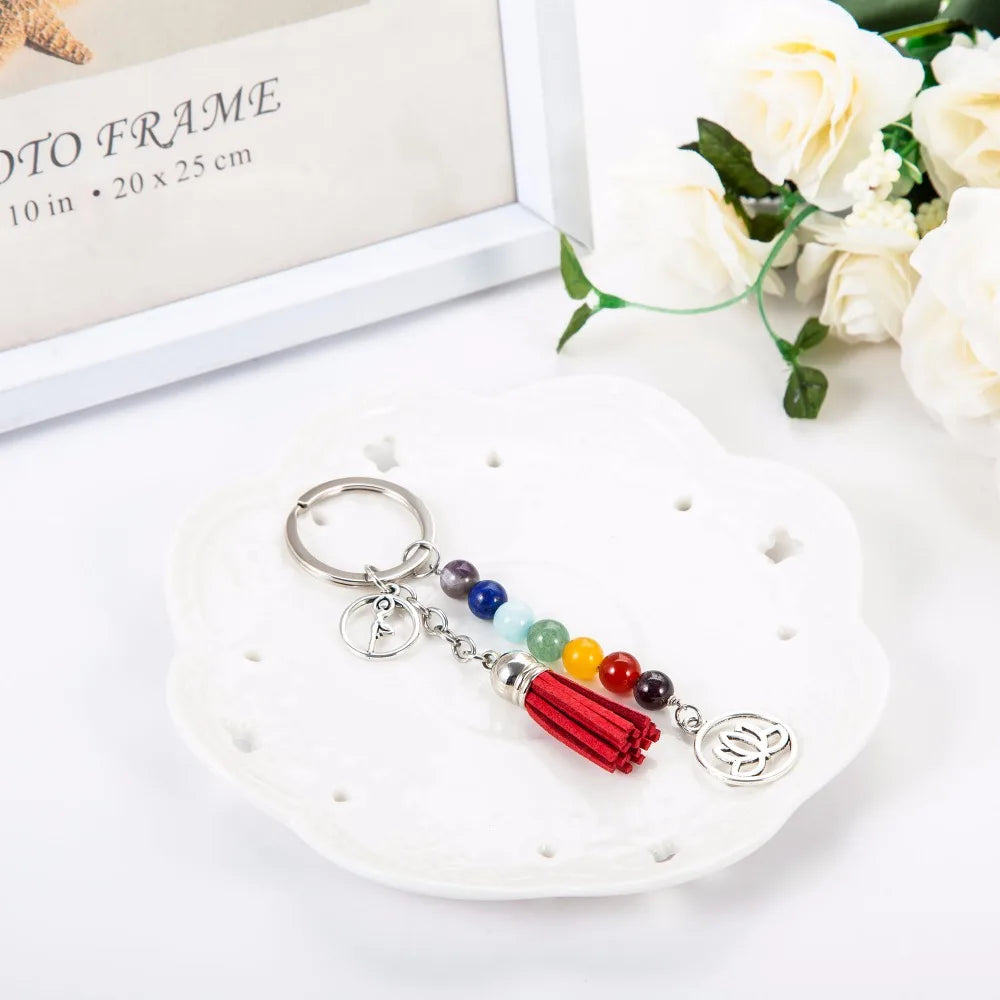 Chakra Keychain Colorful Stone Beads 7 Chakras Yoga Fitness Key Chains Lotus Tassel Key Rings Fashion Jewelry