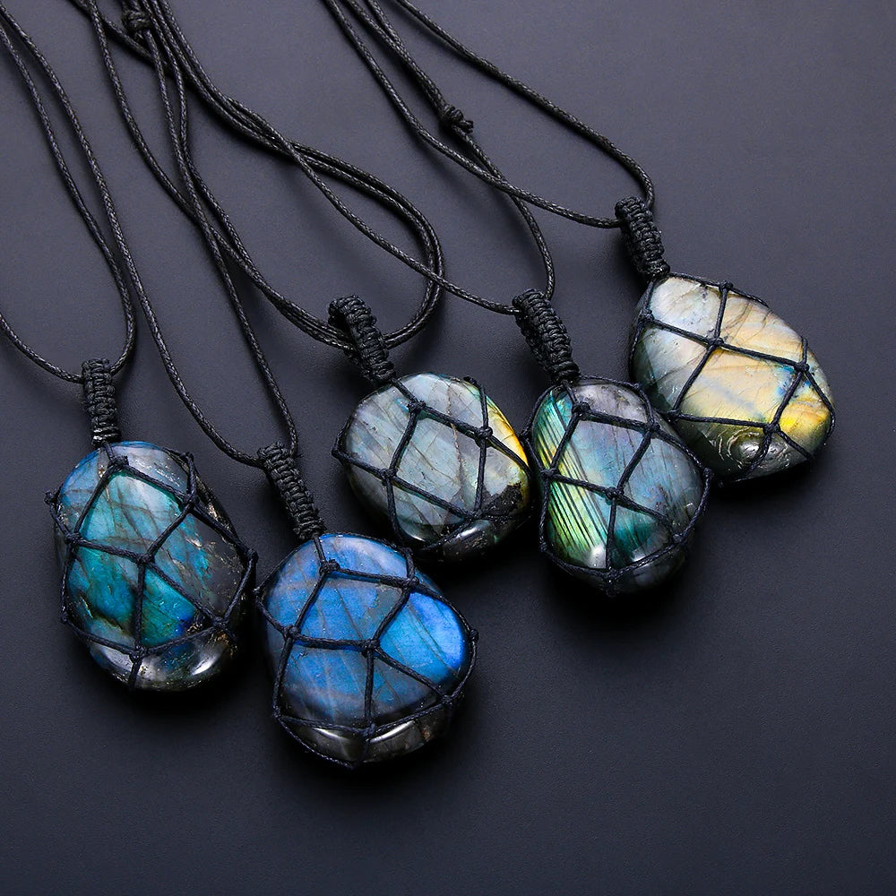 Dragons Heart Labradorite Necklace Natural Stone Pendant Wrap Braid Necklace Yoga Macrame Necklace For Men Women Energy Necklace