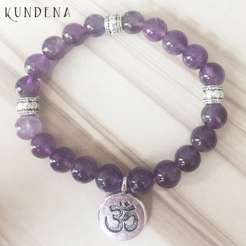 High Quality Om Yoga Buddhist Mala Amethysts Purple Stone Stretch Bracelet Women