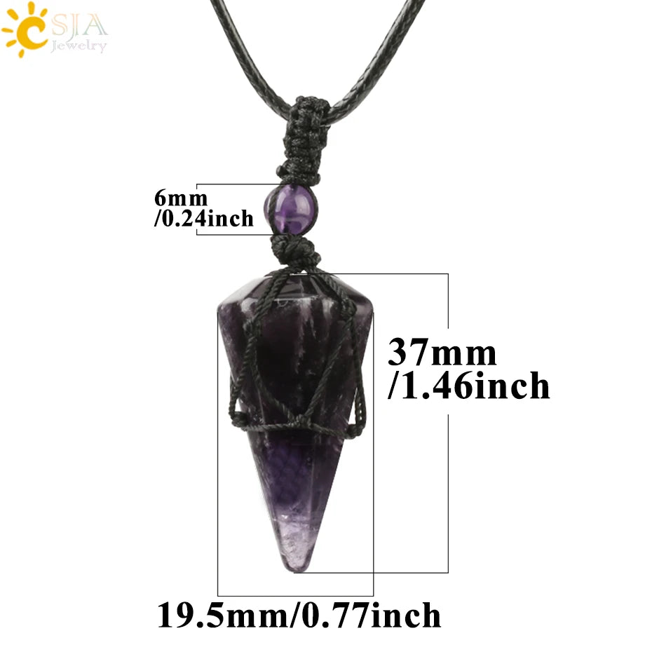 CSJA Natural Stone Crystals Necklace Pendants Roses Crystal Quartz Black Rope Wrap Amethysts Necklace for Men Lapis Lazuli G173