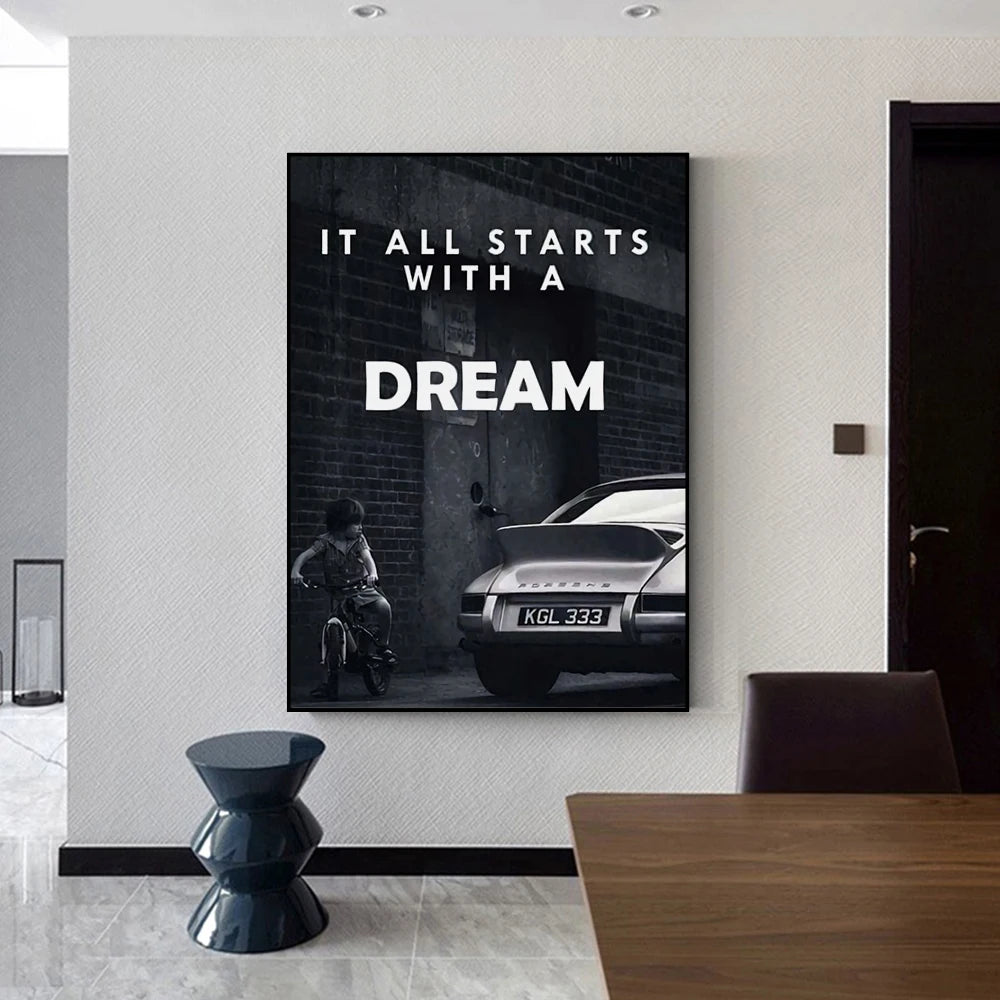 Black and White motivational poster it All Starts with a Dream Canvas Painting Room Wall Decor Art Prints Decoration for Home