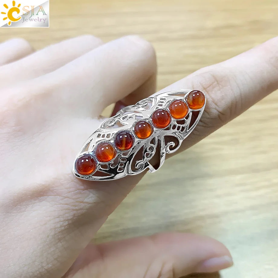 CSJA 7 Chakra Stone Bead Finger Rings Reiki Balance Meditation Healing Point Charm Adjustable Yoga Hollow Flower Women Ring E064